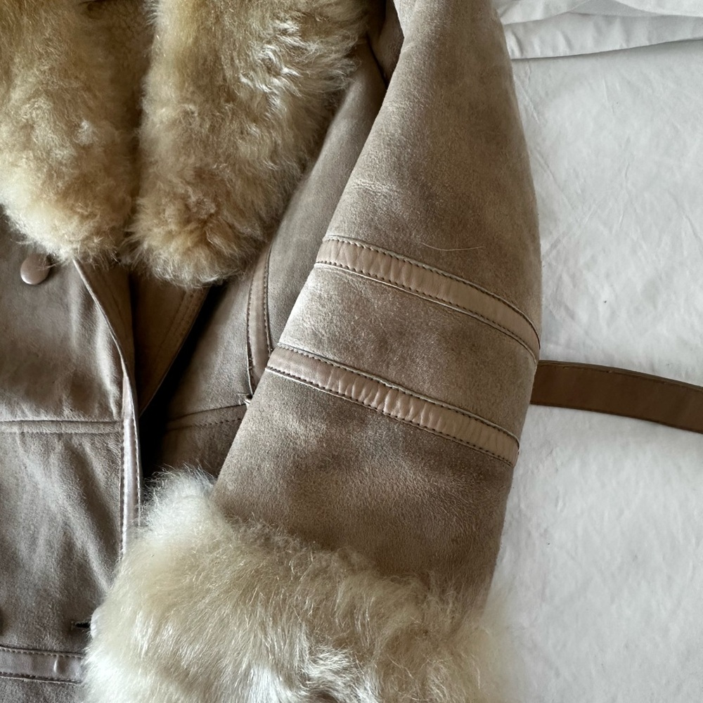 Penny Lane French Shearling Fur Vintage Suede Trench Coat with Leather Belt - Picture 13 of 16